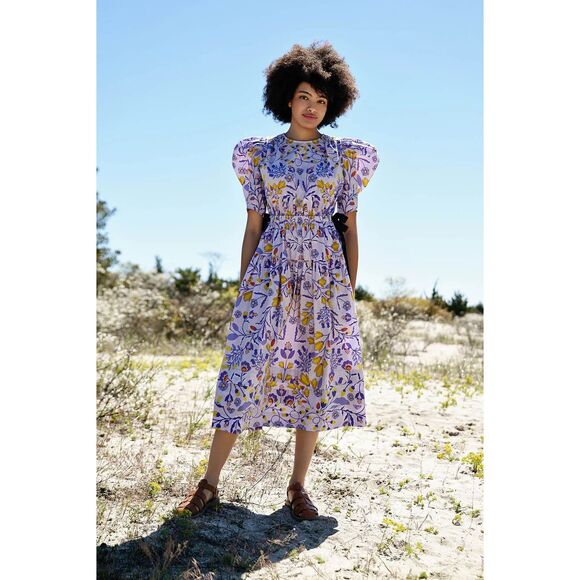 NWT Jessie Zhao New York Purple Floral Cotton Midi Dress Size 4 $269 MSRP - Picture 1 of 12